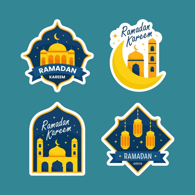 Vector conjunto de insignias o pegatinas de ramadán con elementos musulmanes