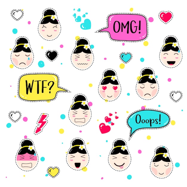 Conjunto de insignias de parche lindo. emoji chica con diferentes emociones y peinados. emoticonos kawaii, bocadillos: omg, wtf, ooops. juego de pegatinas, alfileres en estilo anime. ilustración de vector aislado.