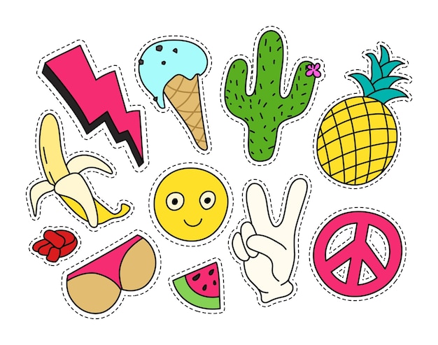 Conjunto de insignias de parche de moda. Ilustración vectorial aislada con trazos editables. Pegatinas, pines, parches en estilo cómico de dibujos animados de los años 80-90.