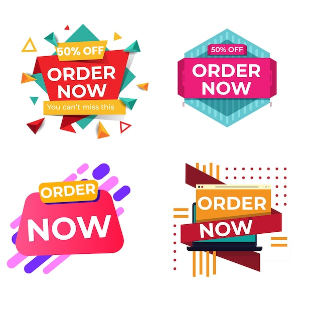 Conjunto de insignias de pedido ahora etiquetas y etiquetas de calidad de venta plantillas de pancartas de compras insignias especiales offe
