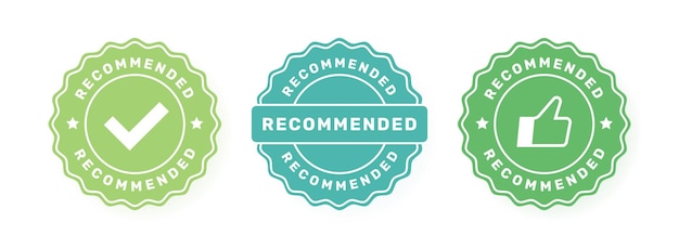 Conjunto de insignias recomendadas Diseño de etiqueta con marca de verificación y pulgares hacia arriba Recomendación de buena elección Ilustración vectorial