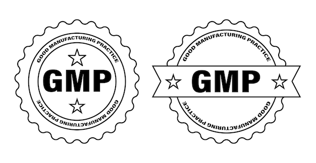 Conjunto de insignias redondas gmp adhesivos industriales certificados para productos con buenas prácticas de manufactura