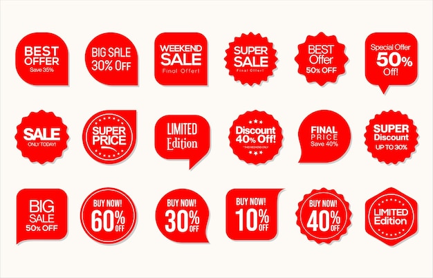 Conjunto de insignias rojas de venta etiquetas y etiquetas ilustración vectorial de diseño