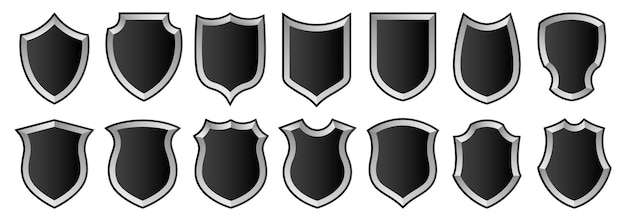 Vector un conjunto de insignias vectoriales y franjas policiales escudos aislados negros con un degradado en blanco y negro