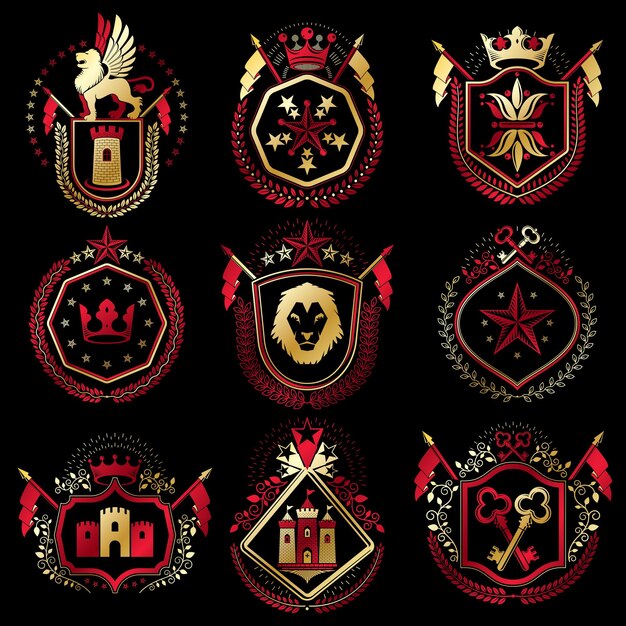 Conjunto de insignias vintage retro vectoriales creadas con elementos de diseño como castillos medievales, armería, animales salvajes, coronas imperiales. Colección de escudos de armas.