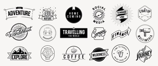 Conjunto de insignias vintage con temas como viajes de aventura y acampada Incluye diseños para finanzas de redes sociales y café Perfecto para explorar la naturaleza Conjunto vectorial de elementos de logotipo