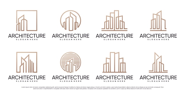 Conjunto de inspiración de diseño de logotipo de edificio de arquitectura con estilo de arte lineal Vector Premium