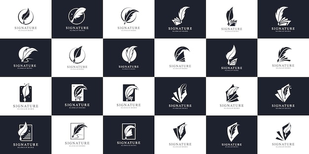 Conjunto de inspiración de diseño de logotipo de firma de pluma Símbolo para libro historia pluma lápiz tinta autor nota de escritura notario y etc.