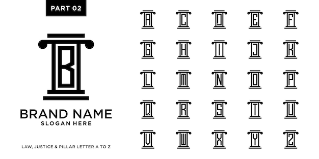 Conjunto de inspiración de diseño de logotipo de pilar de justicia y ley combinado con la letra a a z parte dos