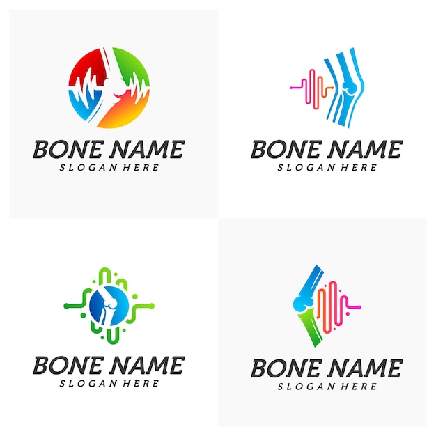 Conjunto de inspiración para el diseño del logotipo del pulso de la articulación ósea, concepto de diseño del logotipo de la salud ósea, vector de plantilla del logotipo del tratamiento óseo, icono creativo