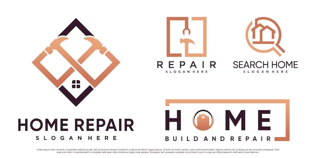 Conjunto de inspiración para el diseño del logotipo de reparación del hogar con martillo y elemento creativo vector premium