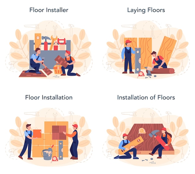 Conjunto de instalador de suelos. Colocación de parquet profesional, suelo de madera o gres.