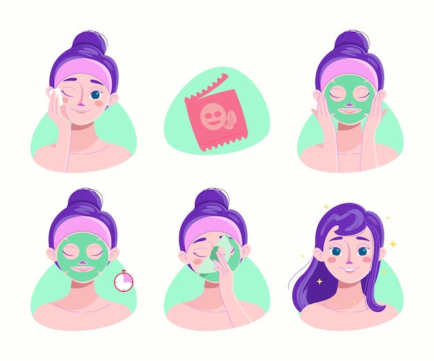 Vector conjunto de instrucciones de mascarilla de belleza en hoja