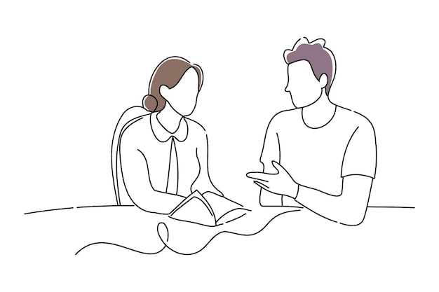 conjunto de instructor de conversación con principiante marca doodle ilustración vectorial de arte de línea continua