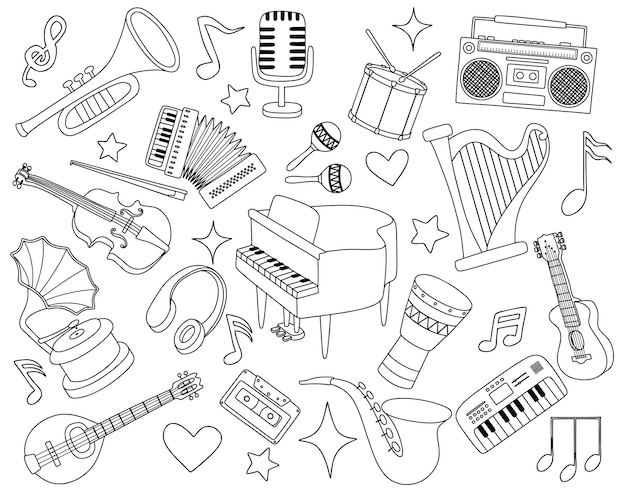 conjunto, de, instrumento musical, garabato