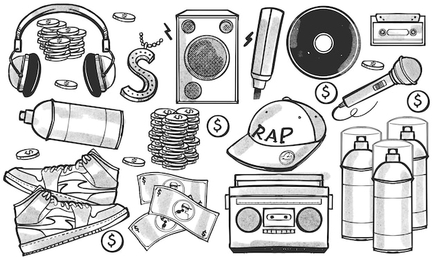 Conjunto de instrumentos de música rap dibujados a mano en blanco y negro en estilo doodle aislados sobre un fondo blanco