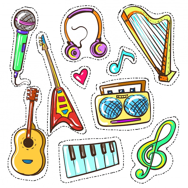 Conjunto de instrumentos musicales de color dibujado a mano de vector