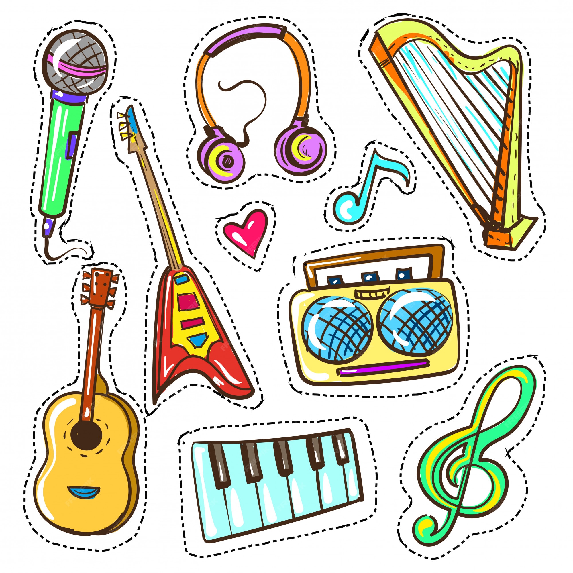 Conjunto de instrumentos musicales de color dibujado a mano de vector |  Vector Premium