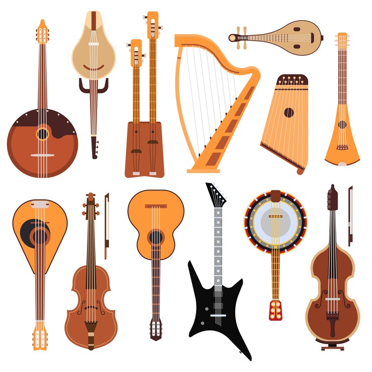 Vector conjunto de instrumentos musicales de cuerda, herramienta de sonido de arte de orquesta clásica y equipo de madera de violín de cuerda sinfónica acústica