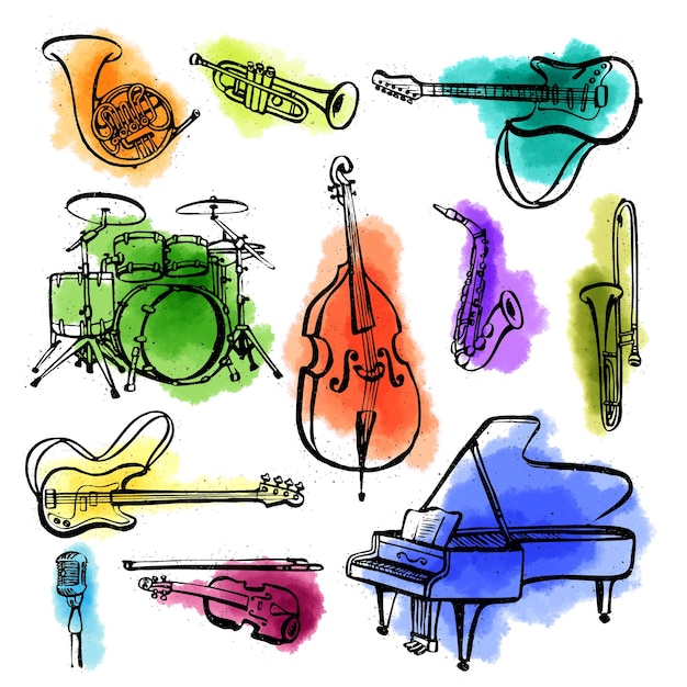 Conjunto de instrumentos musicales dibujados a mano