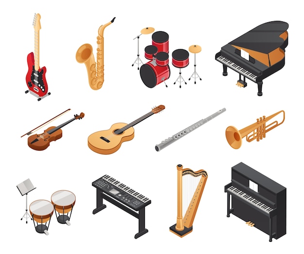 Conjunto de instrumentos musicales de dibujos animados isométricos