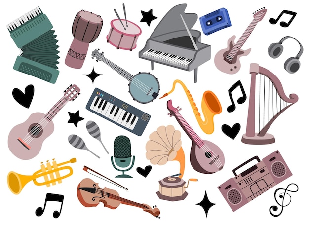 Conjunto de instrumentos musicales en estilo de dibujos animados