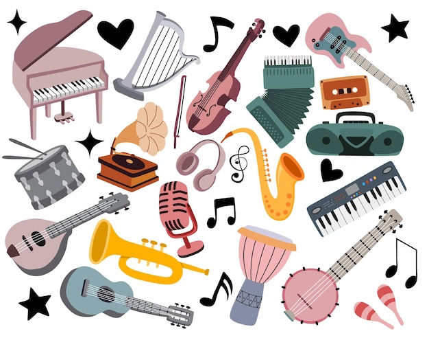 Vector conjunto de instrumentos musicales para niños dibujados a mano en  estilo de dibujos animados