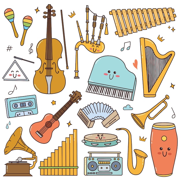 Vector conjunto de instrumentos musicales en estilo doodle pegatina linda