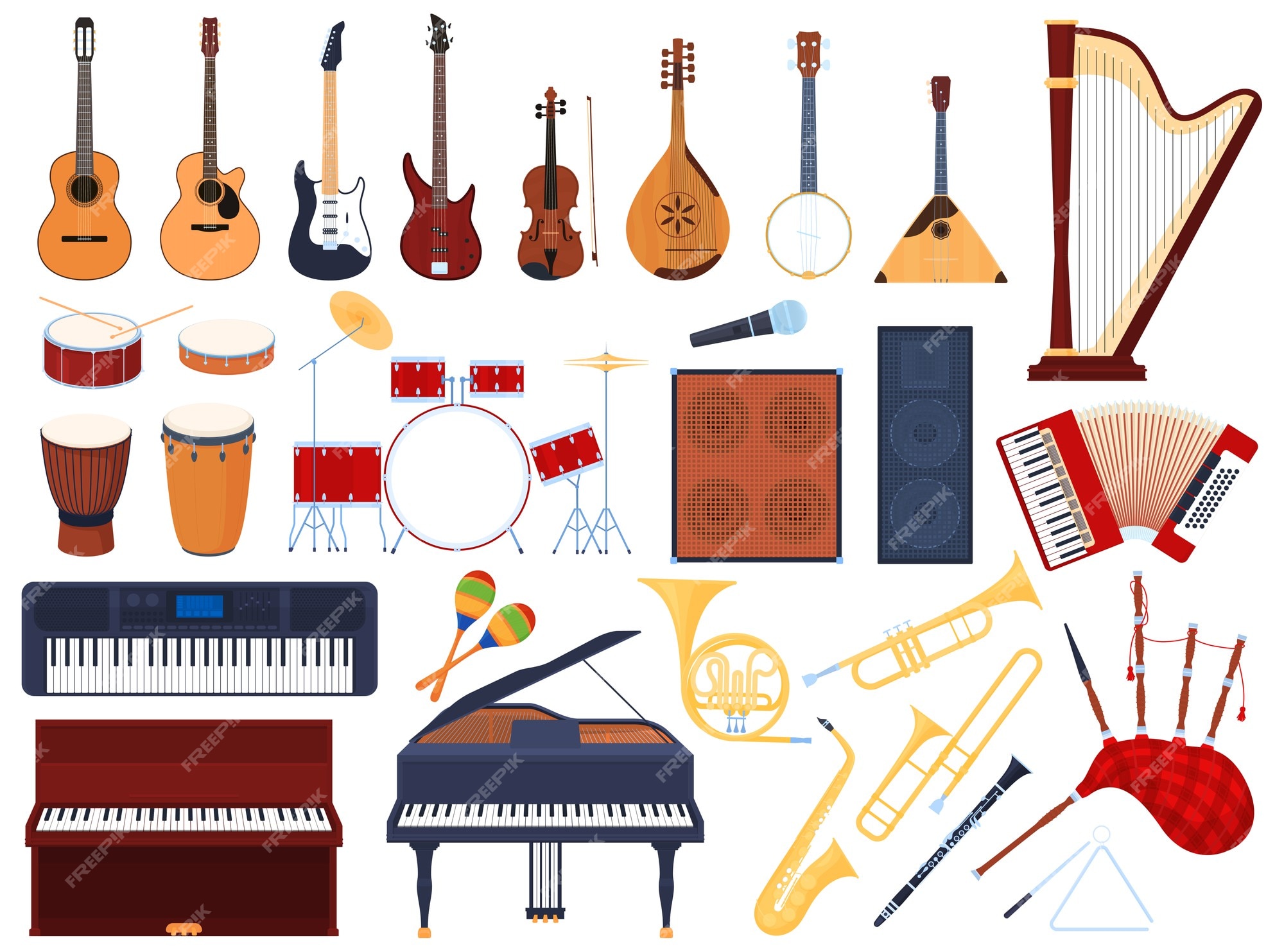 de instrumentos musicales, instrumentos musicales de cuerda, instrumentos de viento, tambores, musicales de teclado. | Vector Premium