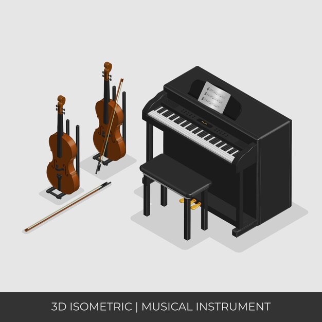 Conjunto de instrumentos musicales isométricos 3D, piano y violín.