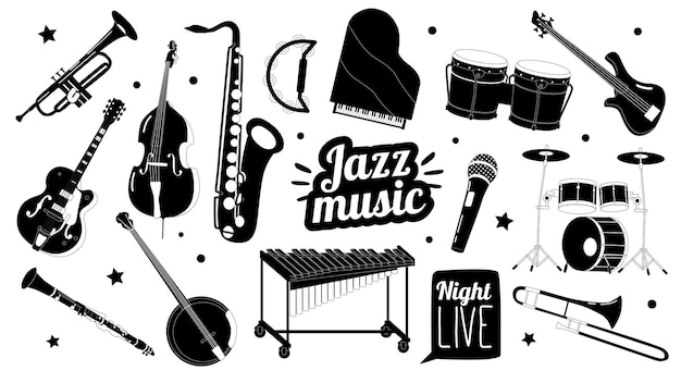 Vector conjunto de instrumentos musicales de jazz en blanco y negro, saxofón, trompeta, piano, doble bombo, batería y clarinete, banjo