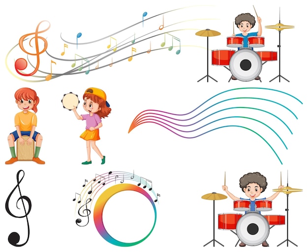 Vector conjunto de instrumentos musicales y símbolos musicales para niños