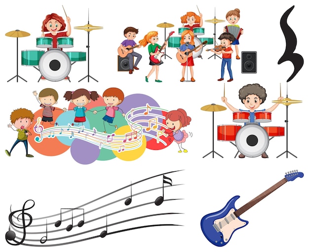 Vector conjunto de instrumentos musicales y símbolos musicales para niños