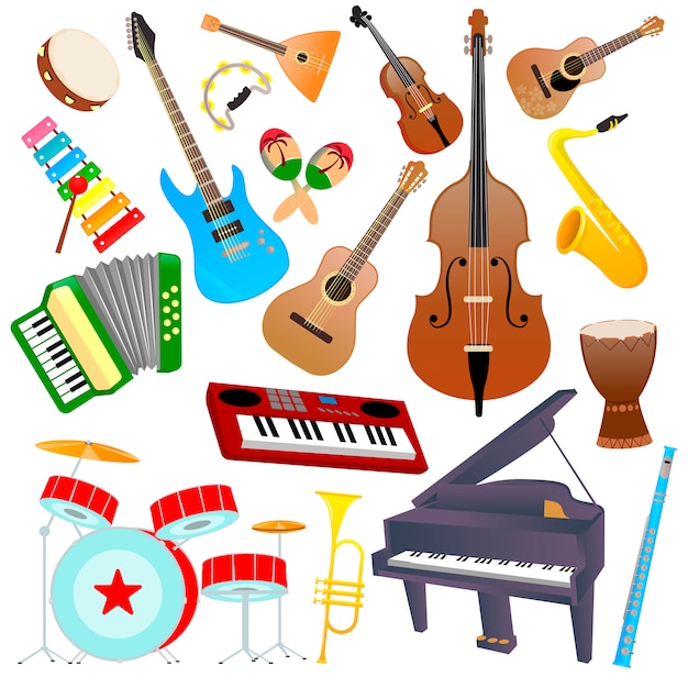 Vector conjunto de instrumentos musicales sobre un fondo blanco.