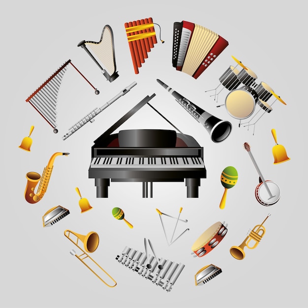 Vector conjunto de instrumentos musicales de viento, percusión e ilustración de teclado detallada