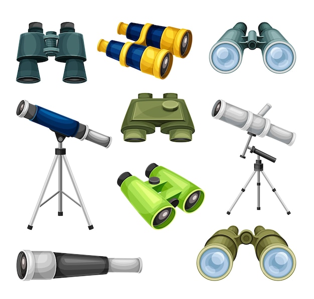 Conjunto de instrumentos ópticos para ver objetos lejanos Telescopio binocular Ilustración vectorial de gafas de espejo