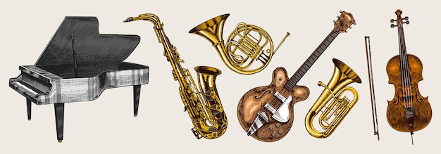 Vector conjunto de instrumentos de viento clásicos de jazz trombón musical trompeta flauta bajo guitarra semiacústica trompa saxofón violonchelo tuba violín dibujado a mano monocromo grabado boceto vintage