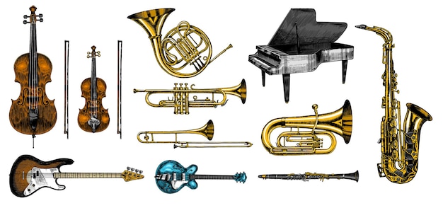 Conjunto de instrumentos de viento clásicos de jazz Trombón musical Trompeta Flauta Bajo Guitarra Semiacústica Trompa Saxofón Violonchelo Tuba Violín Piano Dibujado a mano monocromo grabado boceto vintage