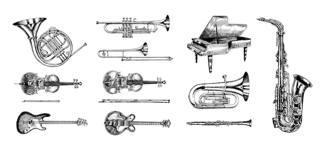 Conjunto de instrumentos de viento clásicos de jazz trombón musical trompeta flauta bajo guitarra semiacústica trompa saxofón violonchelo tuba violín piano dibujado a mano monocromo grabado boceto vintage