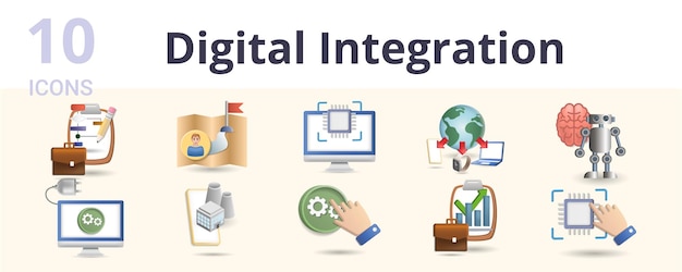 Conjunto de integración digital iconos creativos enchufe y máquina de trabajo