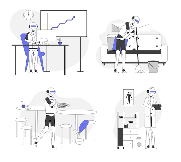 Conjunto de inteligencia artificial en la vida humana aislado sobre fondo blanco.