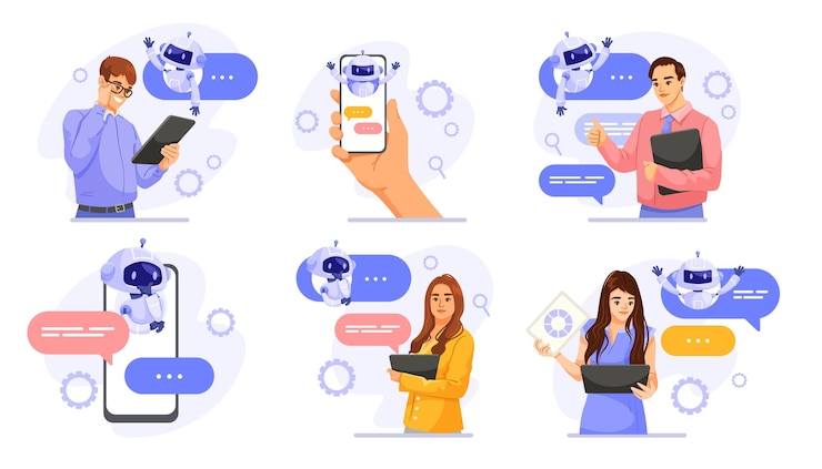 Vector el conjunto de interacción de chatbots con personas y robots asistentes virtuales ilustración vectorial