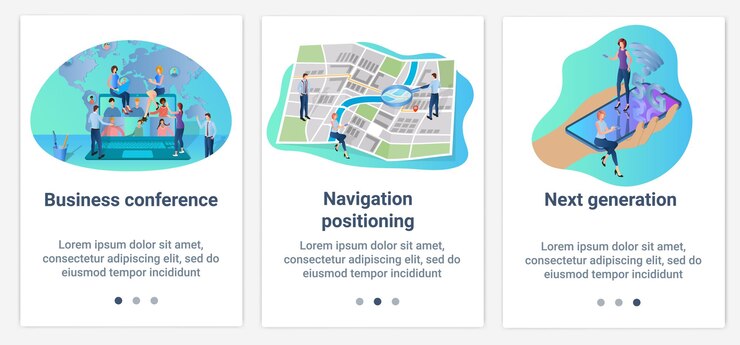 Vector un conjunto de interfaces ui y ux para la interfaz de usuario conferencia de negocios navegación gps