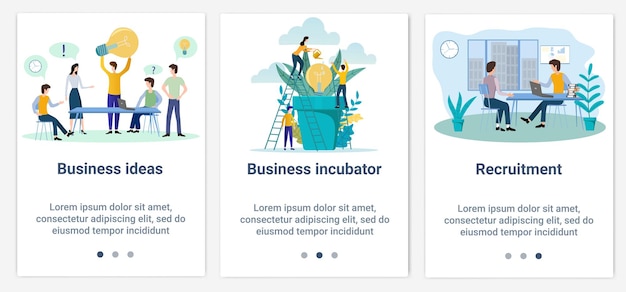 Un conjunto de interfaces UI y UX para la interfaz de usuarioTema Incubadora de empresas y reclutamiento