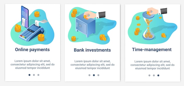 Un conjunto de interfaces UI y UX Pagos en línea Inversiones bancarias y gestión del tiempo