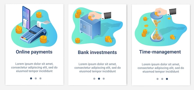 Un conjunto de interfaces ui y ux pagos en línea inversiones bancarias y gestión del tiempo