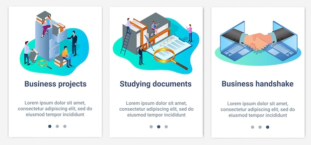 Un conjunto de interfaces ui y ux revisión de documentosproyecto empresarial y apretón de manos empresarial