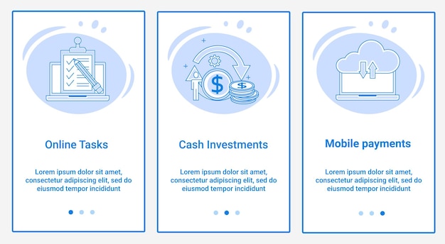 Un conjunto de interfaces UI y UX El tema es Tareas en línea Inversiones en efectivo y descargas en la nube