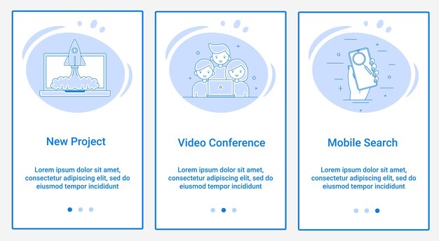 Un conjunto de interfaces UI y UX Tema Nuevo proyecto Videoconferencia y búsqueda móvil