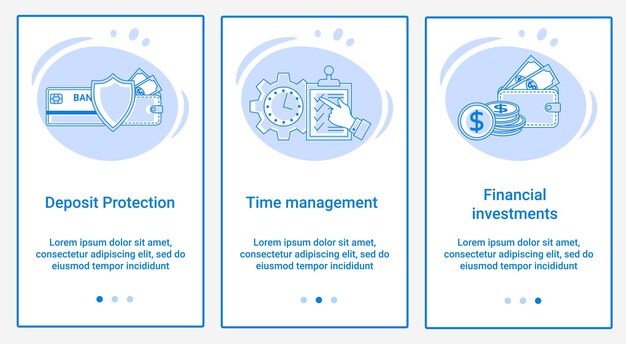 Un conjunto de interfaces UI y UX Tema Protección de depósitos Gestión del tiempo e inversiones financieras